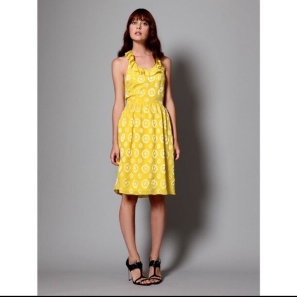 Anthropologie Yellow Printed Ruffle-Halter Midi Dress, silk. Size 2